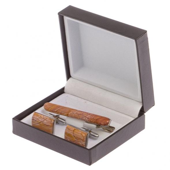 Набор запонки прямоугольные и зажим для галстука камень яшма 125248