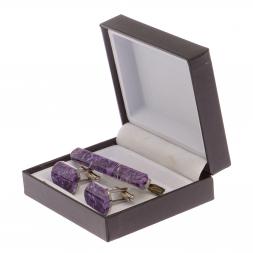 Набор запонки закругленные и зажим для галстука камень чароит