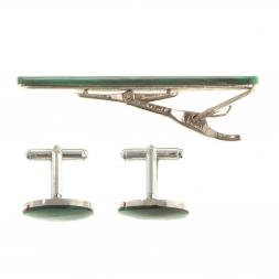 Набор запонки овальные и зажим для галстука малахит