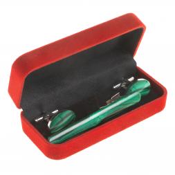 Набор запонки овальные и зажим для галстука малахит