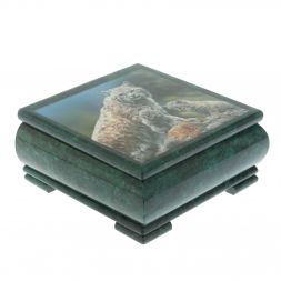 Шкатулка &amp;quot;Рысь и рысята&amp;quot; из змеевика 18х18х8 см