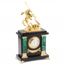Часы из малахита с бронзой "Георгий Победоносец"