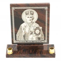 Икона настольная "Св. Николай Чудотворец" из обсидиана с подсвечниками