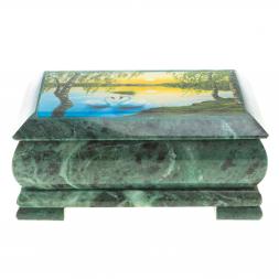 Шкатулка с иллюстрацией &amp;quot;Лебеди на закате&amp;quot; камень змеевик 17,5х9,5х7,5 см