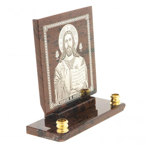 Икона настольная &amp;quot;Спаси и сохрани&amp;quot; из обсидиана с подсвечниками 122897