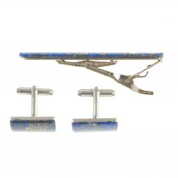 Набор запонки прямоугольные и зажим для галстука лазурит