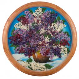 Декоративное панно на дереве &amp;quot;Сирень в горшке&amp;quot; 50 см  рисунок каменная крошка