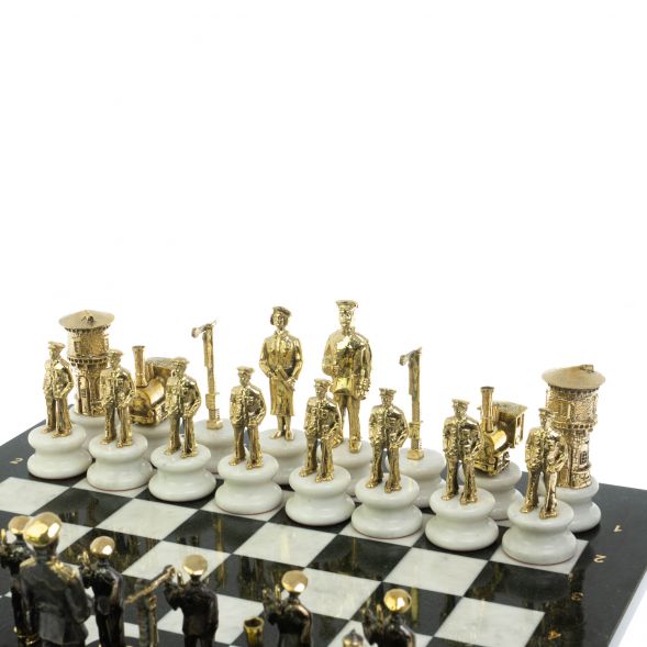 Шахматы подарочные &amp;quot;Железнодорожники&amp;quot; из бронзы и мрамора доска 48х48 см 128642
