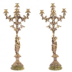 Бронзовые канделябры "Диана" 10 свечей на подставке из змеевика