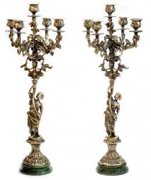 Бронзовые канделябры "Диана" 10 свечей на подставке из змеевика