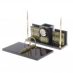 Письменный набор с часами  "Офисный" камень змеевик