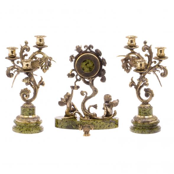 Каминные часы с канделябрами &amp;quot;Колибри&amp;quot; из бронзы и змеевика 115013