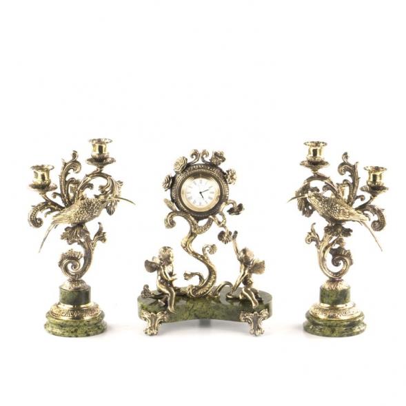 Каминные часы с канделябрами &amp;quot;Колибри&amp;quot; из бронзы и змеевика 115013