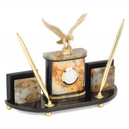 Настольный набор "Гордый орел" из камня офиокальцит с бронзой