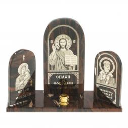 Икона триптих "Спаситель, Богоматерь, Николай" камень обсидиан