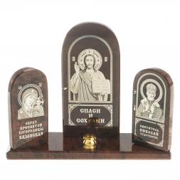 Икона триптих &amp;quot;Спаситель, Казанская, Николай&amp;quot; камень обсидиан