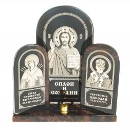 Икона триптих большая &amp;quot;Спаситель, Семистрельная, Николай&amp;quot; камень обсидиан