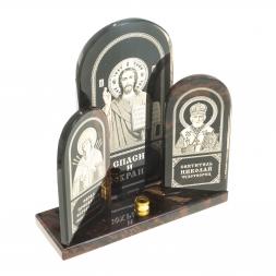 Икона триптих большая &amp;quot;Спаситель, Семистрельная, Николай&amp;quot; камень обсидиан