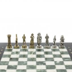 Шахматы "Рыцари" из мрамора и змеевика доска 28х28 см