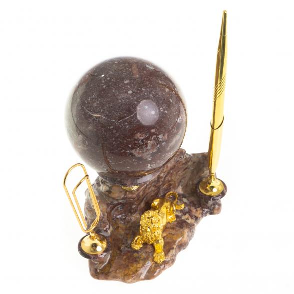 Письменный прибор &amp;quot;Лев у скалы&amp;quot; с шаром антистресс из камня 122583