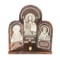 Икона триптих большая &amp;quot;Спаситель, Матрона, Николай&amp;quot; камень обсидиан