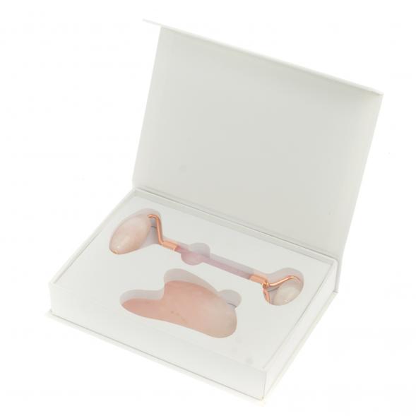 Подарочный набор роликовый массажер и скребок гуаша из розового оникса 125650