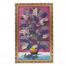 Картина из каменной крошки &amp;quot;Букет сирени на столе&amp;quot; 89х59 см багет малиновый фон
