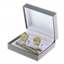 Набор запонки круглые и зажим для галстука камень змеевик