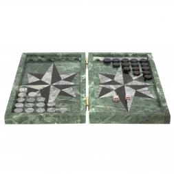 Нарды из камня &amp;quot;Роза ветров&amp;quot; серый мрамор / черный змеевик