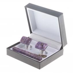 Набор запонки прямоугольные и зажим для галстука камень чароит