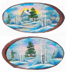 Панно на срезе дерева &amp;quot;Зима&amp;quot; горизонтальное 65-70 см каменная крошка