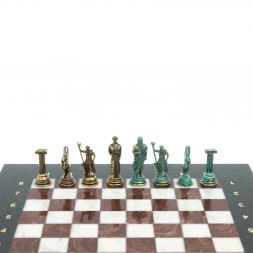 Шахматы "Подвиги Геракла" фигуры бронза / патина 28х28 см из мрамора и лемезита