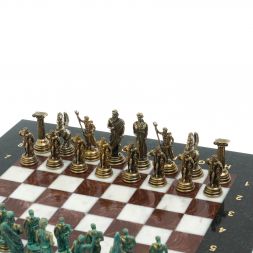 Шахматы "Подвиги Геракла" фигуры бронза / патина 28х28 см из мрамора и лемезита