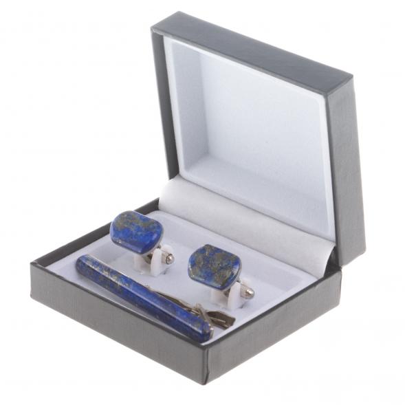 Набор запонки закругленные и зажим для галстука камень лазурит 124458