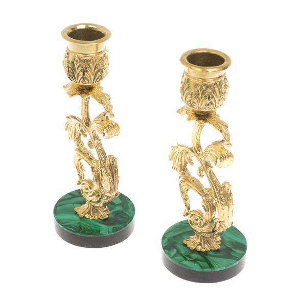 Набор подсвечников 2 шт из бронзы на подставке из малахита 129984