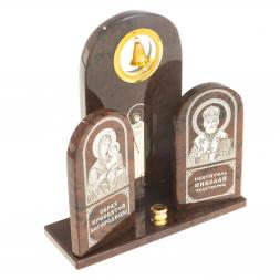 Икона большая триптих "Ангел, Богородица, Николай" камень обсидиан