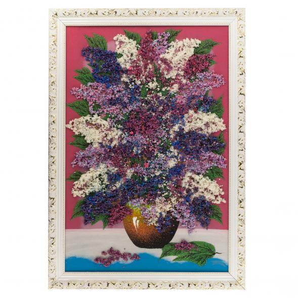 Картина с рисунком из камня &amp;quot;Сирень на столе&amp;quot; 47х67 см багет розовый фон 121090
