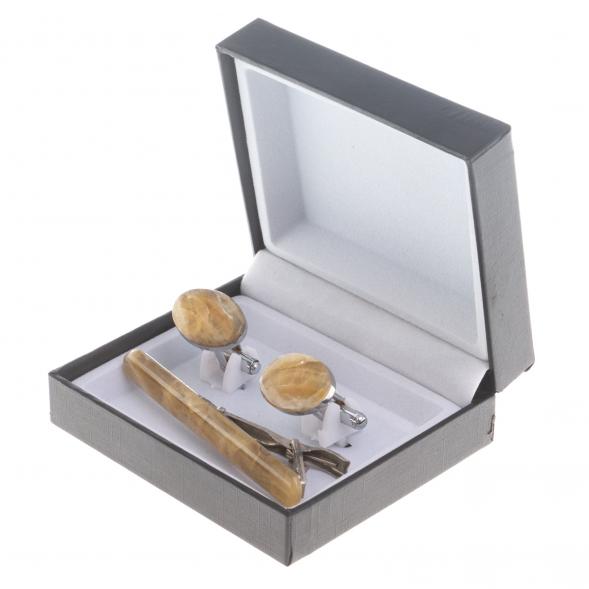 Набор запонки овальные и зажим для галстука камень оникс 124460