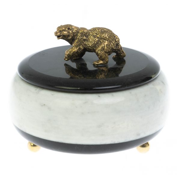 Шкатулка &amp;quot;Медведь&amp;quot; из белого мрамора и змеевика 15х15х11 см 129029