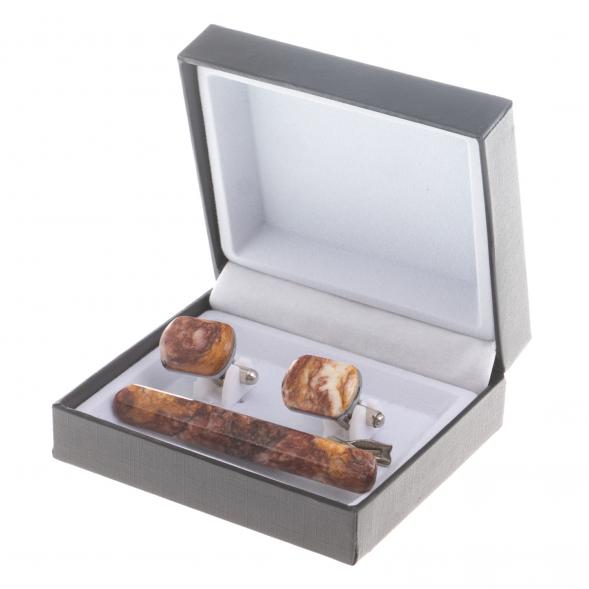 Набор запонки закругленные и зажим для галстука камень авантюрин 124462