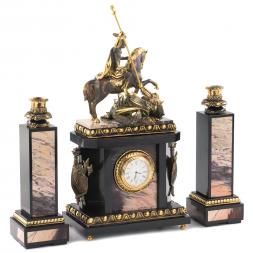 Каминные часы из бронзы &amp;quot;Георгий Победоносец&amp;quot; с подсвечниками камень яшма