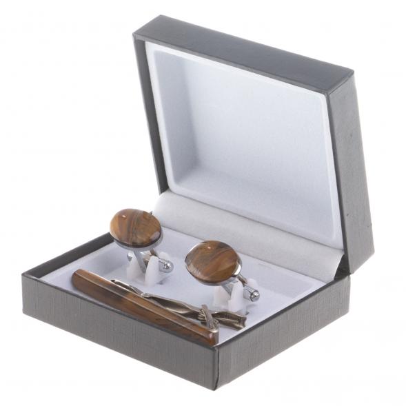 Набор запонки овальные и зажим для галстука камень тигровый глаз 124464