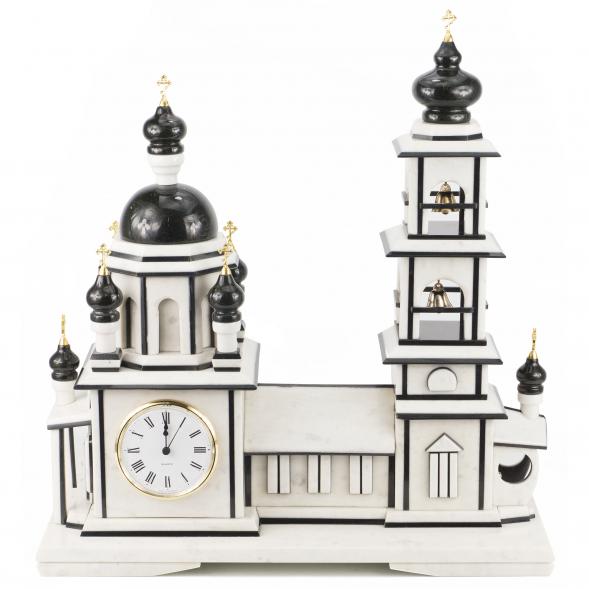 Часы &amp;quot;Храм с колокольней&amp;quot; мрамор змеевик 118956