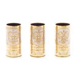 Набор стопок &amp;quot;Герб России&amp;quot; 3 шт в кожаном патронташе Златоуст