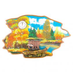 Часы с картиной &amp;quot;Медведь с рыбой осень&amp;quot; 50х32 см каменная крошка